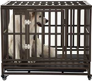 SMONTER Heavy Duty Dog Crate Strong Metal Pet Kennel Playpen with Two Prevent Escape Lock, Large Dogs Cage with Wheels
